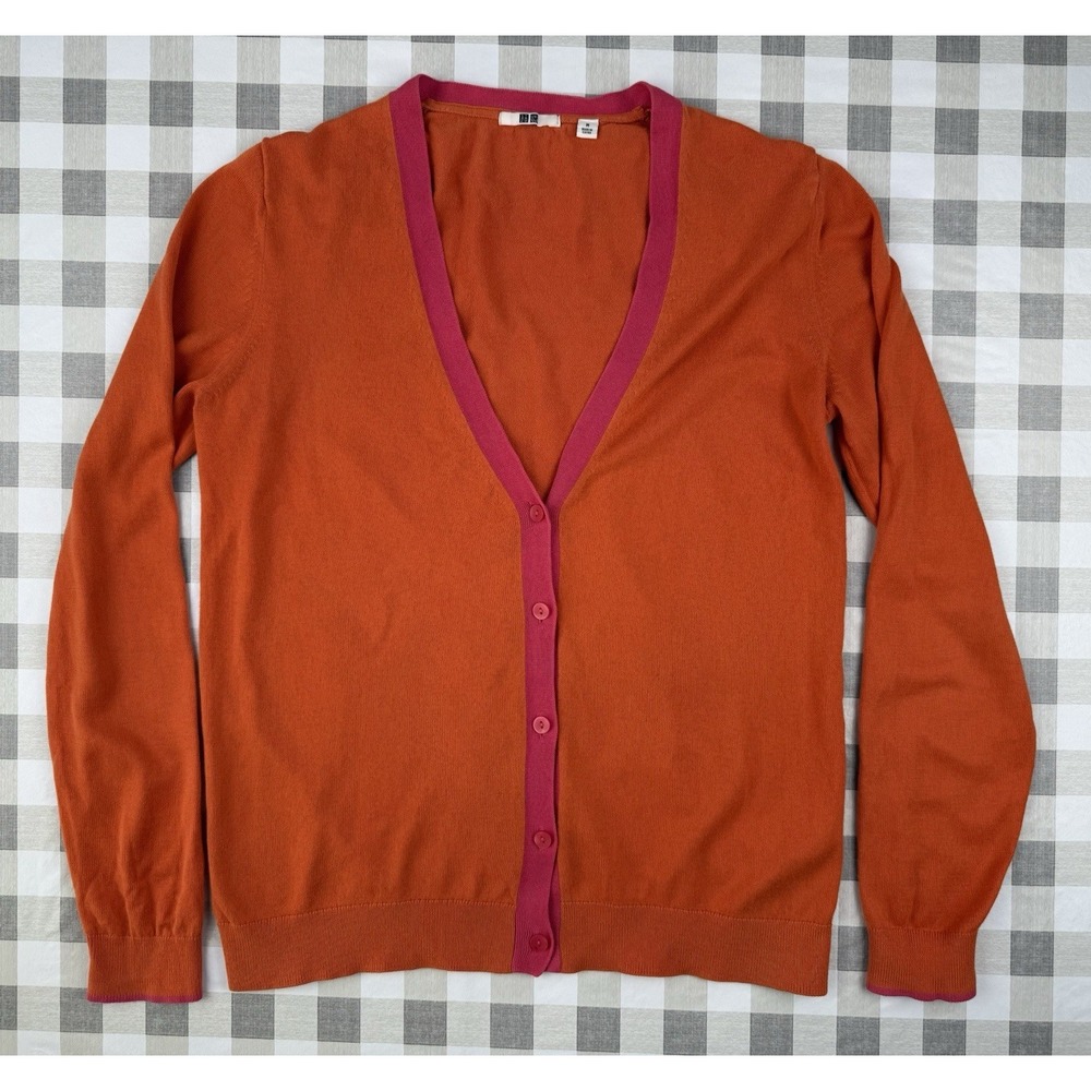 UNIQLO Orange Pink Contrast Cardigan Sweater Medium Preppy Colorblock